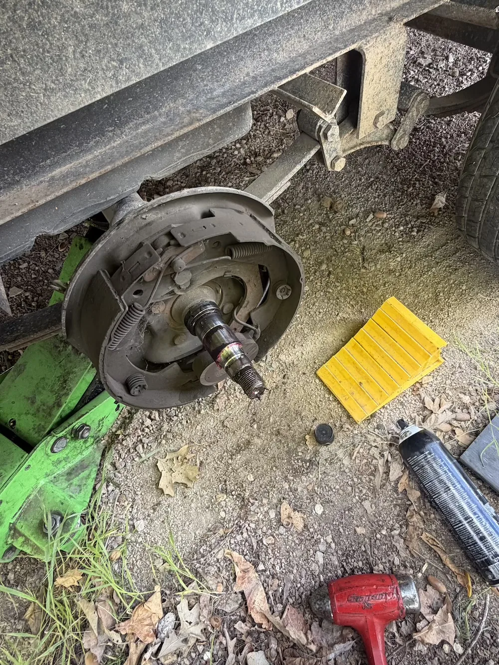 Brake hub pulled off an RV axle with the spindle exposed
